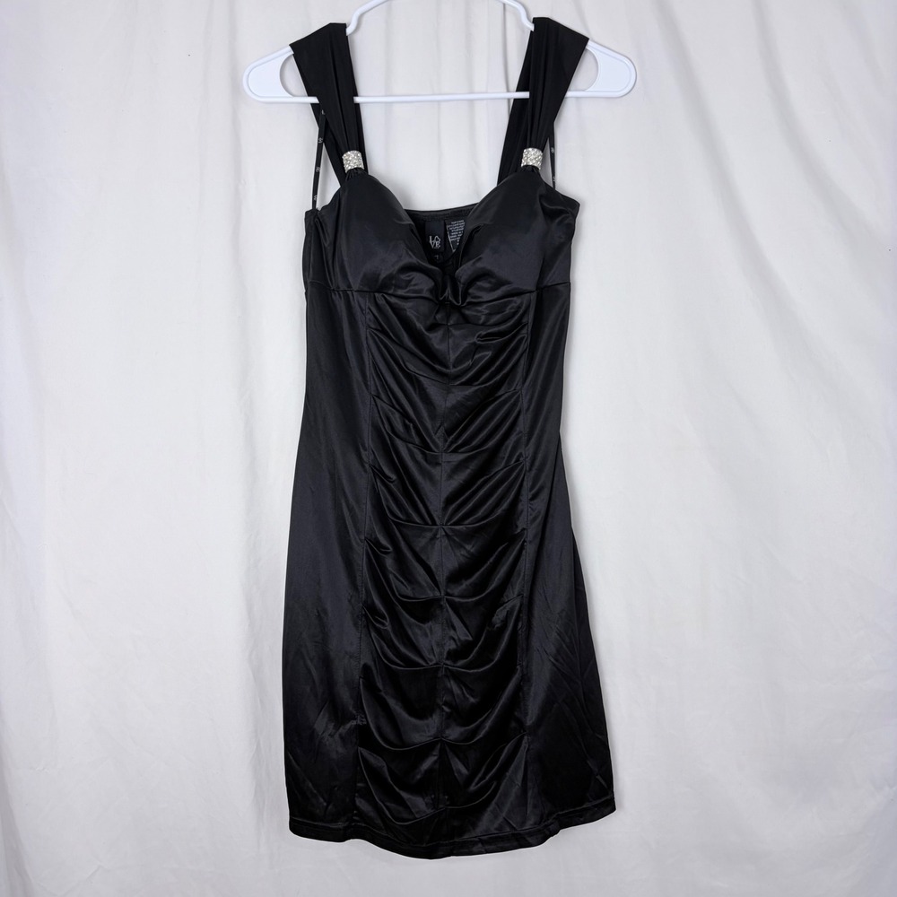 Love Tease Black Ruched Mini Dress Rhinestone Straps Bodycon Women's Size 7
